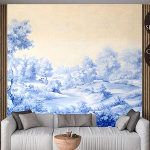 Vintage Blue Toile Peel and Stick Wallpaper Mural - Removable French Countryside Landscape Decor, Blue and White Toile de Jouy Wall Art