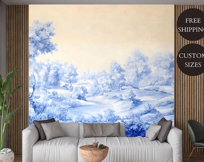 Vintage Blue Toile Peel and Stick Wallpaper Mural - Removable French Countryside Landscape Decor, Blue and White Toile de Jouy Wall Art