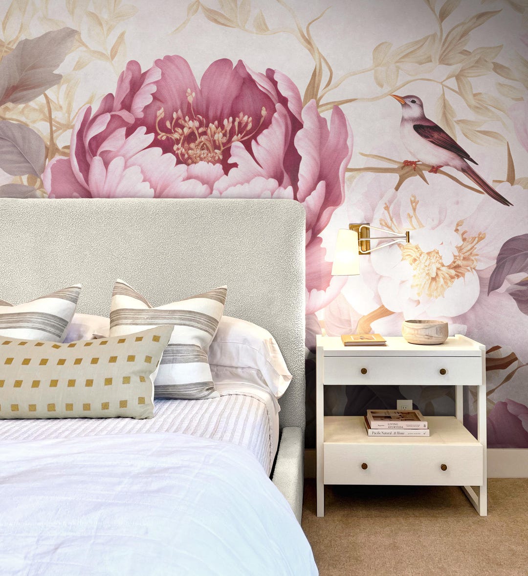 Blush Pink Peony Wallpaper: Birds Floral Wall Mural (peel and Stick or ...