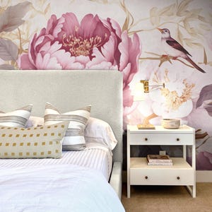 Blush Pink Peony Wallpaper – Birds Floral Wall Mural, Vintage Flower Design, Peel and Stick or Traditional Option