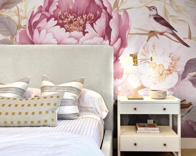 Blush Pink Peony Wallpaper – Birds Floral Wall Mural, Vintage Flower Design, Peel and Stick or Traditional Option