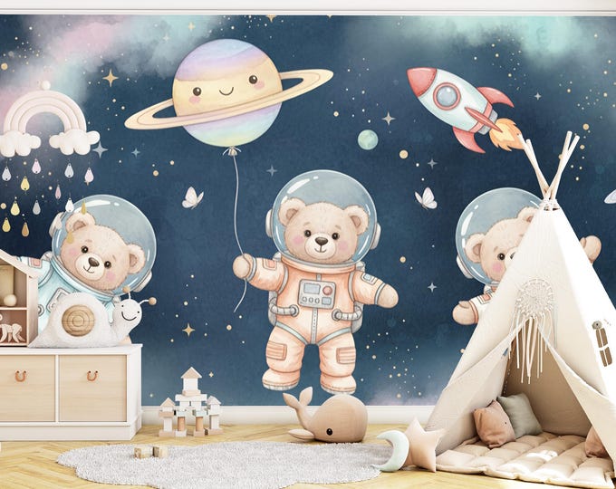 Astronaut Bear Nursery Wallpaper, Watercolor Space Nursery Mural, Planets Peel an Stick Decal