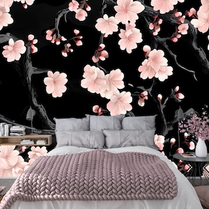 Chinoiserie Dunkel Rosa Schwarz Blumen Tapete Wandbild Aufkleber - Schälen und Aufkleben Tapete
