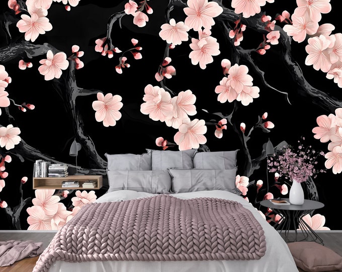Chinoiserie Dark Pink Black Floral Wallpaper Mural Decal - Peel and Stick Wallpaper