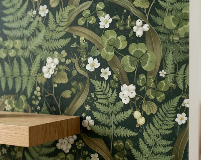 Dark Botanical Fern Peel & Stick Wallpaper, Moody Green Forest Black Background