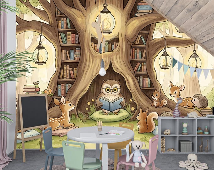 Woodland Reading Nook Wallpaper – Enchanted Forest Library Mural for Kids, Peel & Stick or traditional Nursery Decor