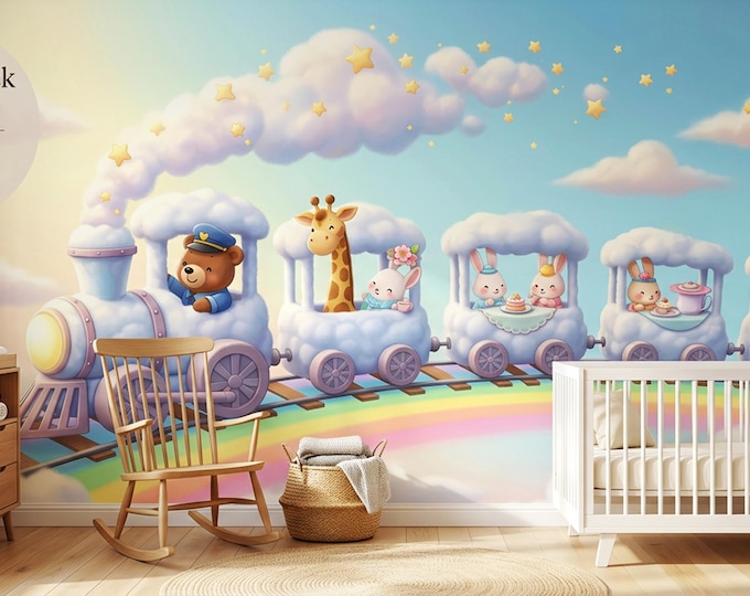 Animal Cloud Train Peel and Stick Mural, Pastel Rainbow Sky Gender Neutral Nursery