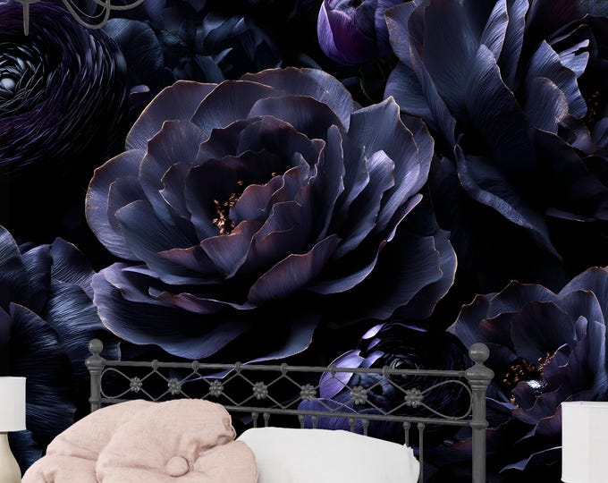 Moody Dark Gothic Floral Wall Mural Wallpaper, Black & Purple Peony Wallpaper, Romantic Flower Art