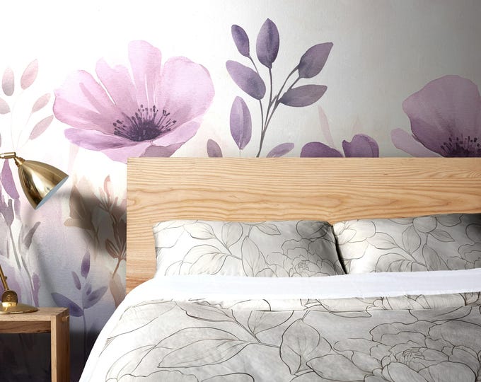 Watercolor Mauve Floral Wallpaper Wall Mural | Peel and Stick or Traditional | Romantic Pastel Wall Art | Removable Flower Wallpaper