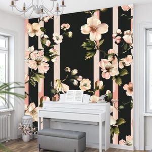 Carta da parati floreale vintage Cottagecore Chic con strisce - Design a forma di rosa per pareti decorative in camere da letto e soggiorni - Autoadesiva o preincollata