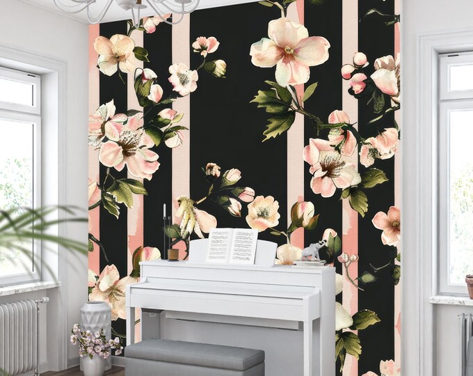 Vintage Cottagecore Chic Floral Wallpaper with Stripes - Rose Design for Accent Walls in Bedrooms, Living Rooms - Self Adhesive or Prepasted