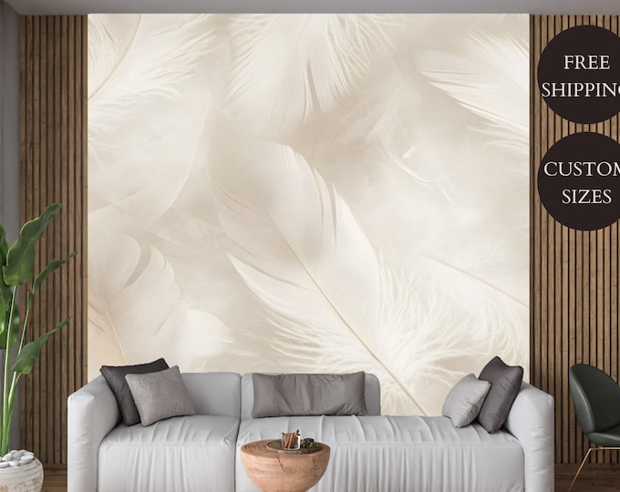 Minimalist Neutral Boho Feather Peel and Stick Wallpaper Mural Decal– Beige and White Feather Wall Art for Living Room, Bedroom, or Nursery