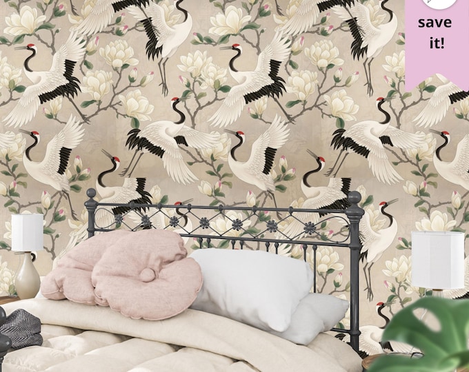 Japanese Crane & Magnolia Flower Wallpaper: Chinoiserie Oriental Mural