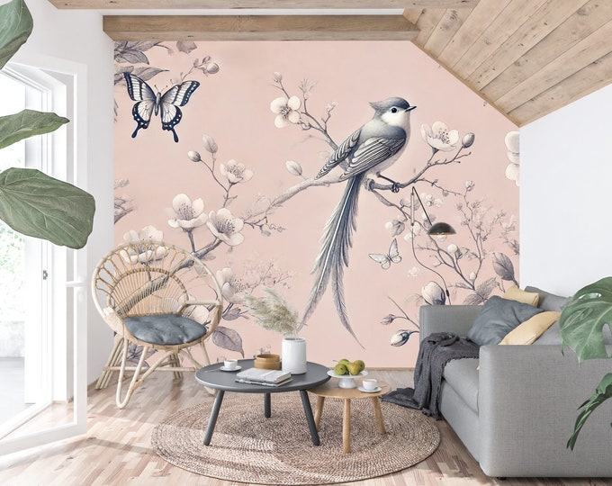 Serene Bird and Floral Soft Pink Peel and Stick Wallpaper - Elegant Nature Inspired Wall Art- Removable Wallpaper