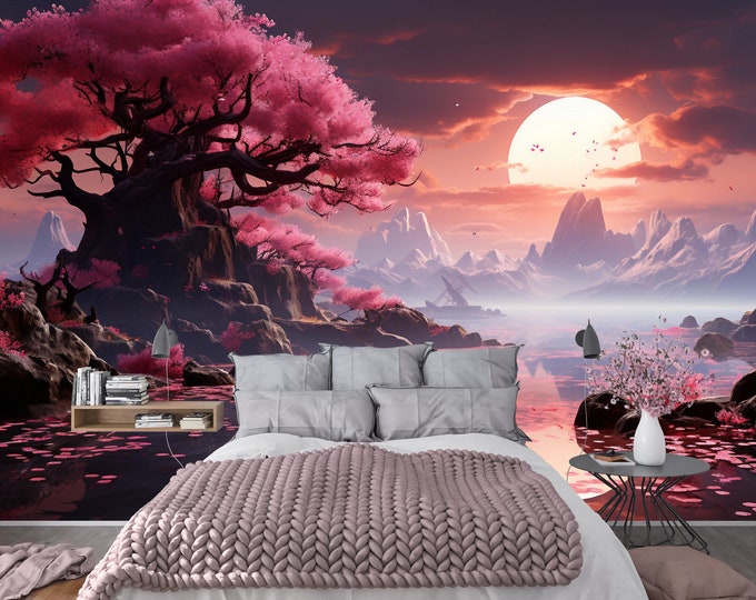 Dark Pink Cherry Blossom Floral Sakura Mural Wallpaper Decal - Peel and Stick Wallpaper