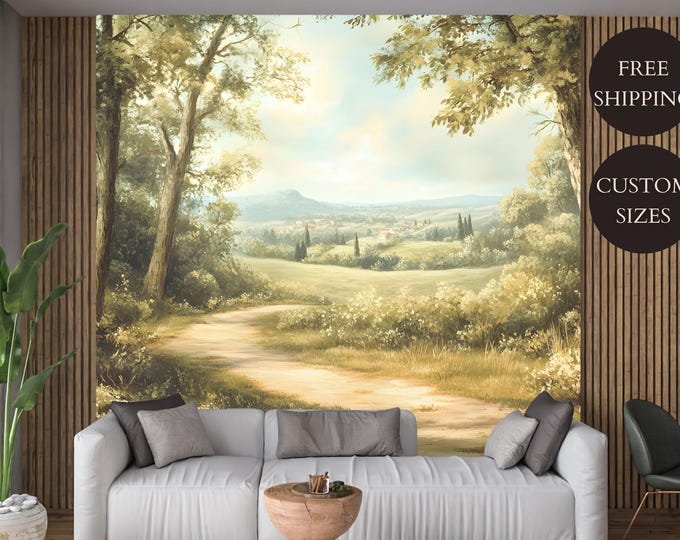 Tuscan Countryside Landscape Peel and Stick Wallpaper Mural Decal – Italian Hills, Rustic Path for Living Room, Bedroom, or Office Décor
