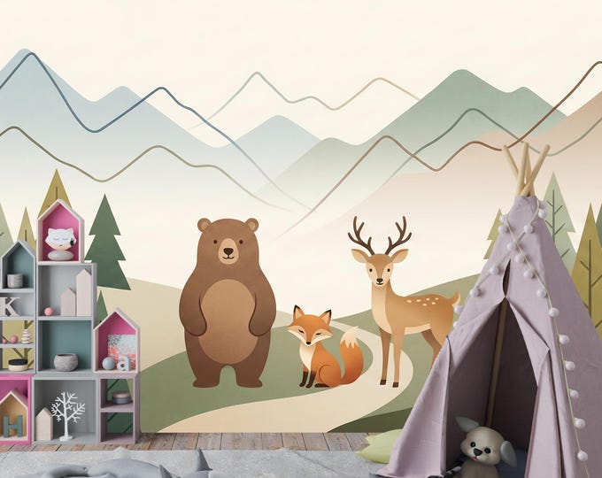 Woodland Nursery Wallpaper, Scandinavian Bear Fox Deer, Mountain Forest Mural, Peel and Stick Decor