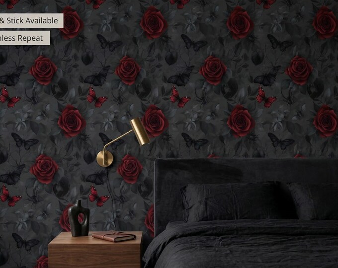 Dark Gothic Rose Peel & Stick Wallpaper, Crimson Butterfly Black Floral Mural