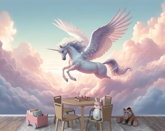 Papier peint autocollant Pegasus Flight - Décoration murale licorne ailée rose rêveuse pour chambre d'enfant