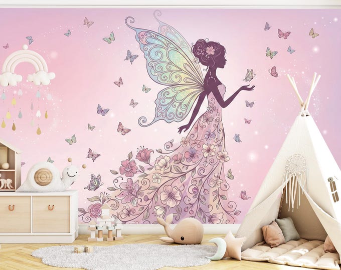 Fairy Nursery Wallpaper | Pink Mural for Girls Room & Whimsical Wall Decal for Princess Bedroom