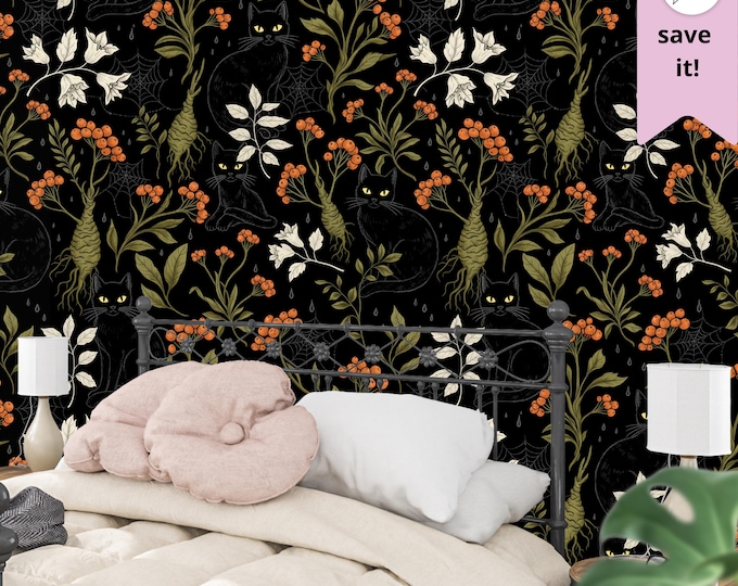 Gothic Black Cat Wallpaper – Dark Academia Witchy Peel and Stick Wall Mural