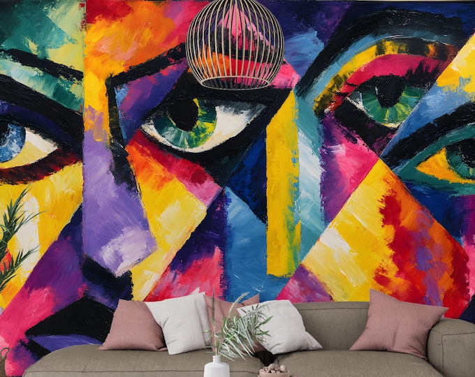Colorful Abstract Cubist Face Wall Mural Wallpaper,Picasso Modern Pop Art Wallpaper for Creative Spaces