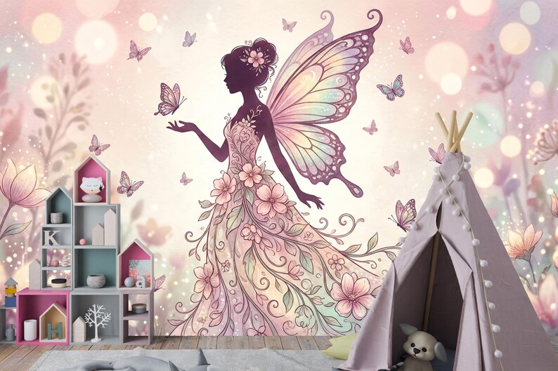 Pink Fairy Mural Nursery Wallpaper – Whimsical Fairytale Decor for ...