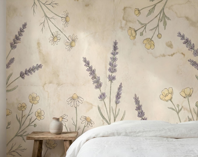 Vintage Wildflower Wallpaper – Lavender Meadow Botanical Nature Peel and Stick Mural