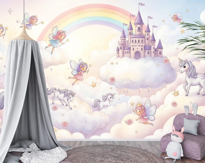 Unicorn Fairy Tale Castle Wallpaper Mural for Kids | Magical Peel and Stick Nursery Wallpaper | Whimsical Girl's Bedroom Removable Wallpaper