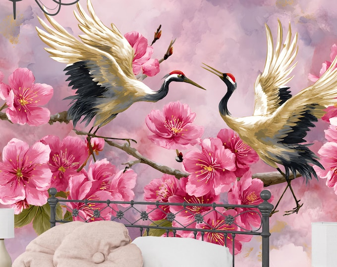 Japanese Crane and Cherry Blossom Wallpaper Mural – Oriental Floral Hand Painted Wall Mural Peel and Stick or Prepasted Decor