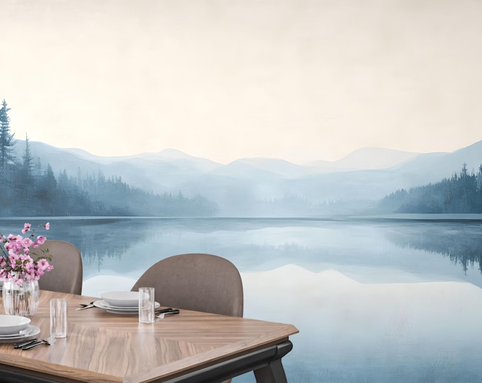 Hygge Forest Lake Mural Wallpaper – Misty Mountain Wall Art, Nature Landscape Removable Peel and Stick or Traditional Wallpaper