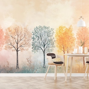Papier peint mural arbre forêt aquarelle pastel | Papier peint autocollant ou décoration traditionnelle pour Japandi ou salons minimalistes