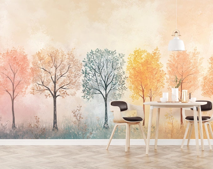 Pastel Watercolor Forest Tree Mural Wallpaper | Peel and Stick or Traditional Wallpaper Decor for Japandi or Minimalist Living Rooms