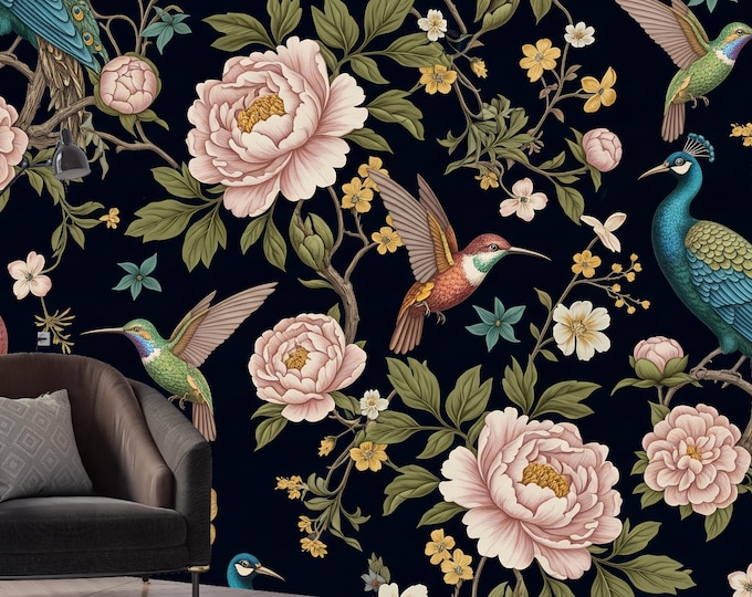Dark Botanical Wallpaper Mural with Peacocks and Hummingbirds | Chinoiserie Floral Peel & Stick Wall Art | Luxury Vintage Nature Wall Decor
