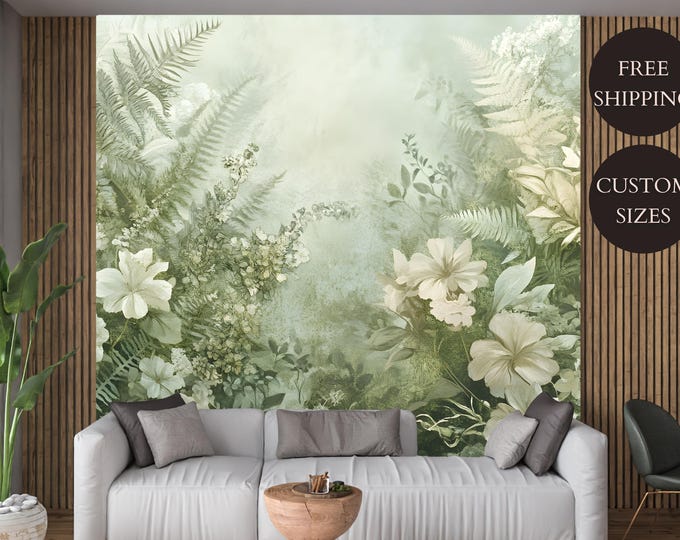 Vintage Green Floral Botanical Peel and Stick Wallpaper Mural - Fern Wall Art, Jungle Garden Theme for Bedroom or Living Room Decor