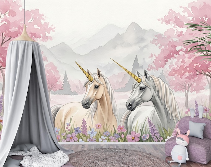 Unicorn Wallpaper Mural for Girls Room, Peel and Stick Watercolor Wall Art, Magical Forest Pink Tree Wall Decor for Nursery or Playroom