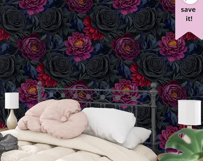 Dark Floral Wallpaper: Gothic Black Rose & Burgundy Peony Mural