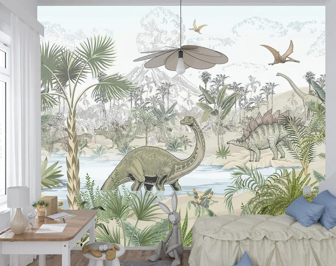 Dinosaur Jungle Wallpaper Mural - Prehistoric Forest Scene for Kids Rooms, Nurseries, Playroom Decor - Peel and Stick or Prepasted Options