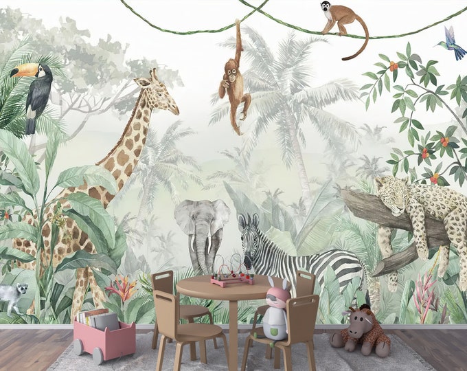 Wallpaper Tropical Animated Safari Nursery Mural Decal - Peel and Stick Removable Wallpaper