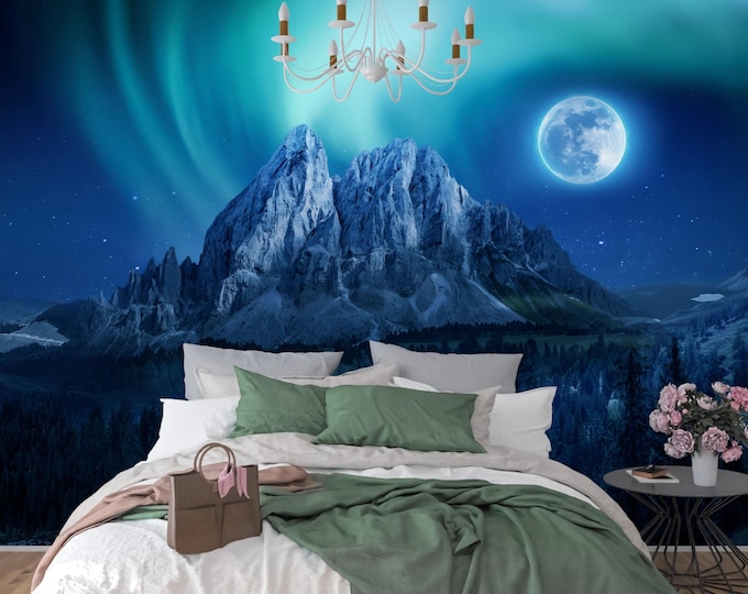 Aurora Borealis Mountain Wallpaper Mural | Moonlit Night Forest Wall Art | Mystical Landscape Decor | Custom Bedroom Mural