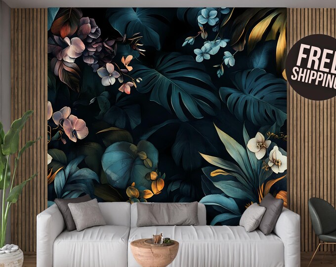 Dark Tropical Botanical Floral Peel and Stick Wallpaper Mural Decal with Lush Greenery, Removable Vinyl,Canvas or Prepasted Wallpaper