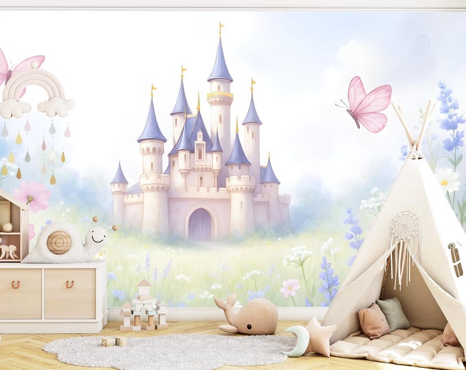 Fairytale Princess Castle Wallpaper – Pastel Floral Kids Wall Mural | Whimsical Peel and Stick or Paste Nursery & Playroom Decor