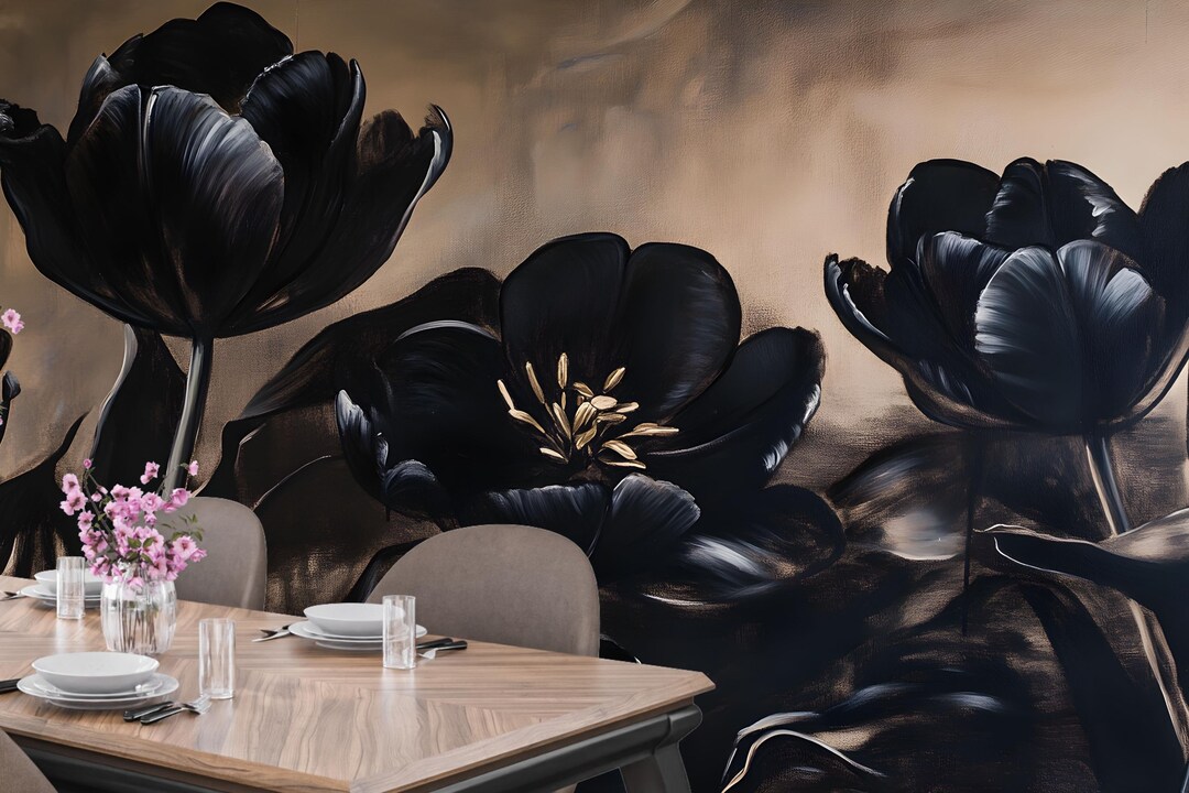 Moody Dark Black Tulip Floral Wallpaper Mural, Gothic Oversized Flower ...