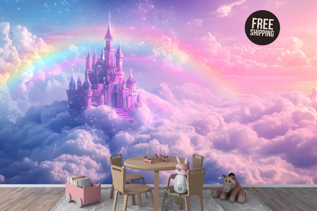 Pink Castle Cloud Wallpaper Mural: Princess Nursery Peel and Stick ...