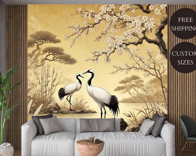 Japanese crane bird wallpaper with cherry blossoms landscape, Minimalist oriental removable peel and stick mural, canvas vinyl or prepasted