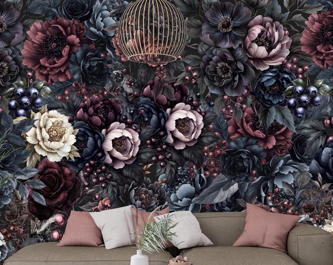 Moody Gothic Dark Floral Peel and Stick Wallpaper - Botanical Peony and Rose Wall Mural for Bedroom & Living Room