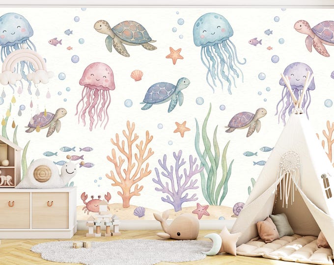 Watercolor Ocean Nursery Wallpaper, Sea Turtle & Jellyfish Peel and Stick Mural