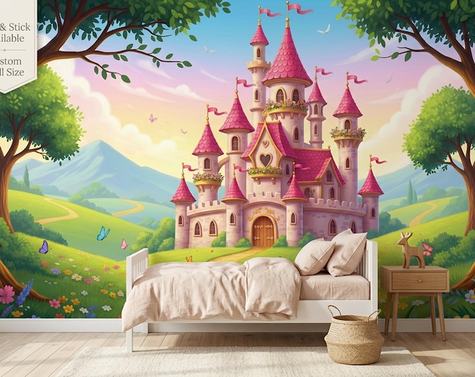 Princess Castle Forest Peel & Stick Mural, Pink Fairytale Girls Room Wallpaper