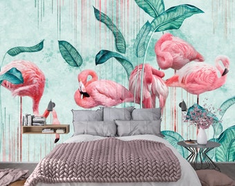 Tropische Flamingo-Leinwandtapete zum Abziehen und Aufkleben – Verwandeln Sie Ihren Raum in ein üppiges Paradies – Fliese abziehen und aufkleben, einfache Installation