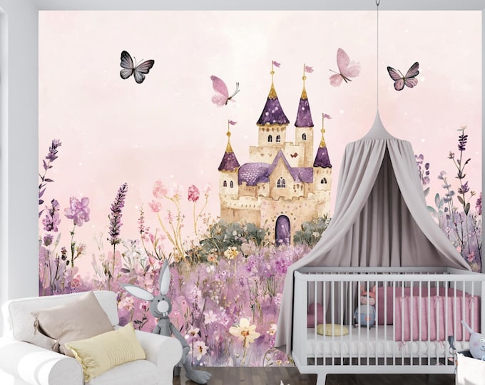 Enchanted Fairy Tale Castle Wallpaper - Purple and Pink Floral Dreamscape, Peel and Stick Kids Room Wall Mural